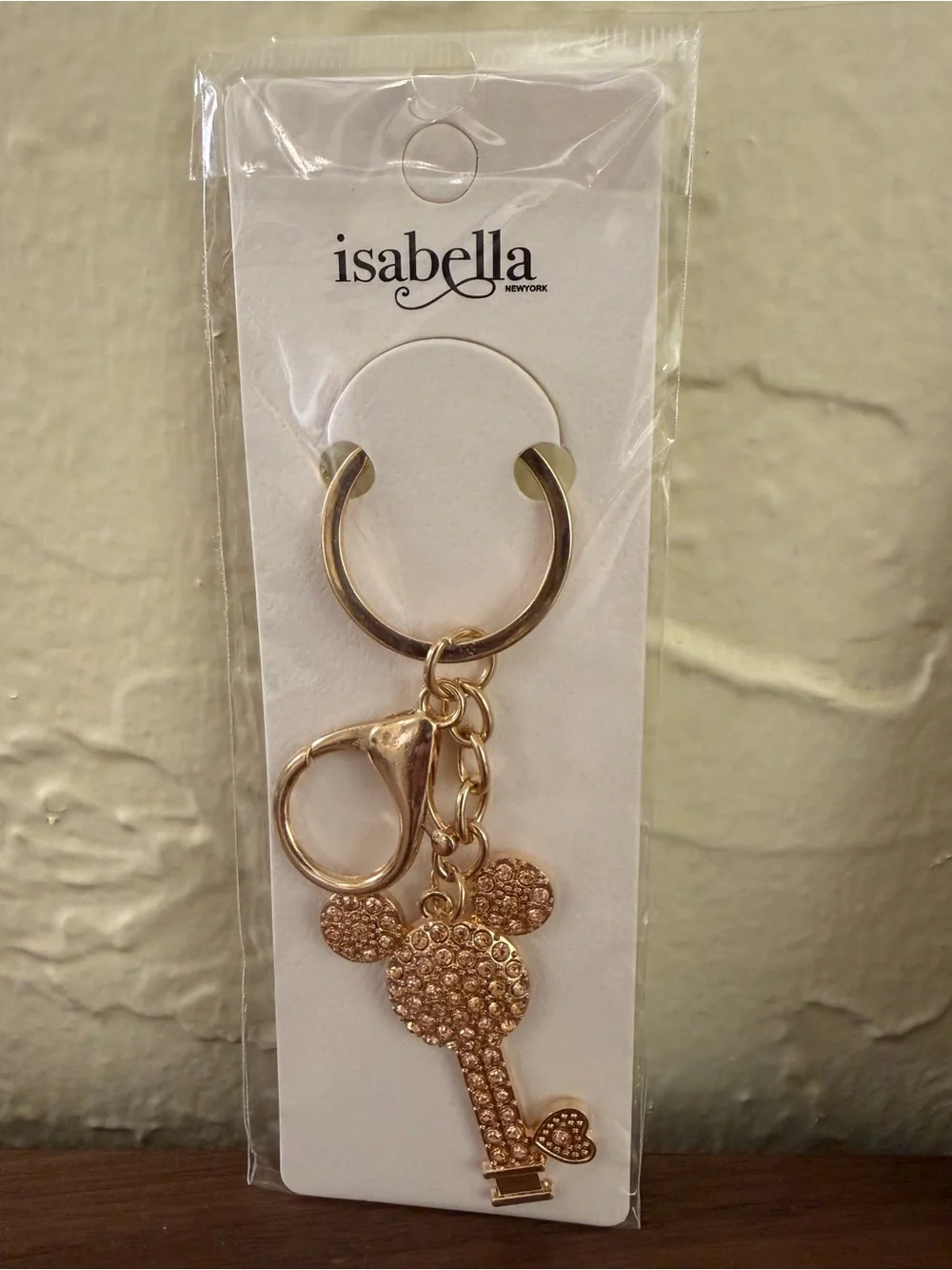 Isabella New York Rhinestone Mouse Key Purse Charm Keychain Gold Tone